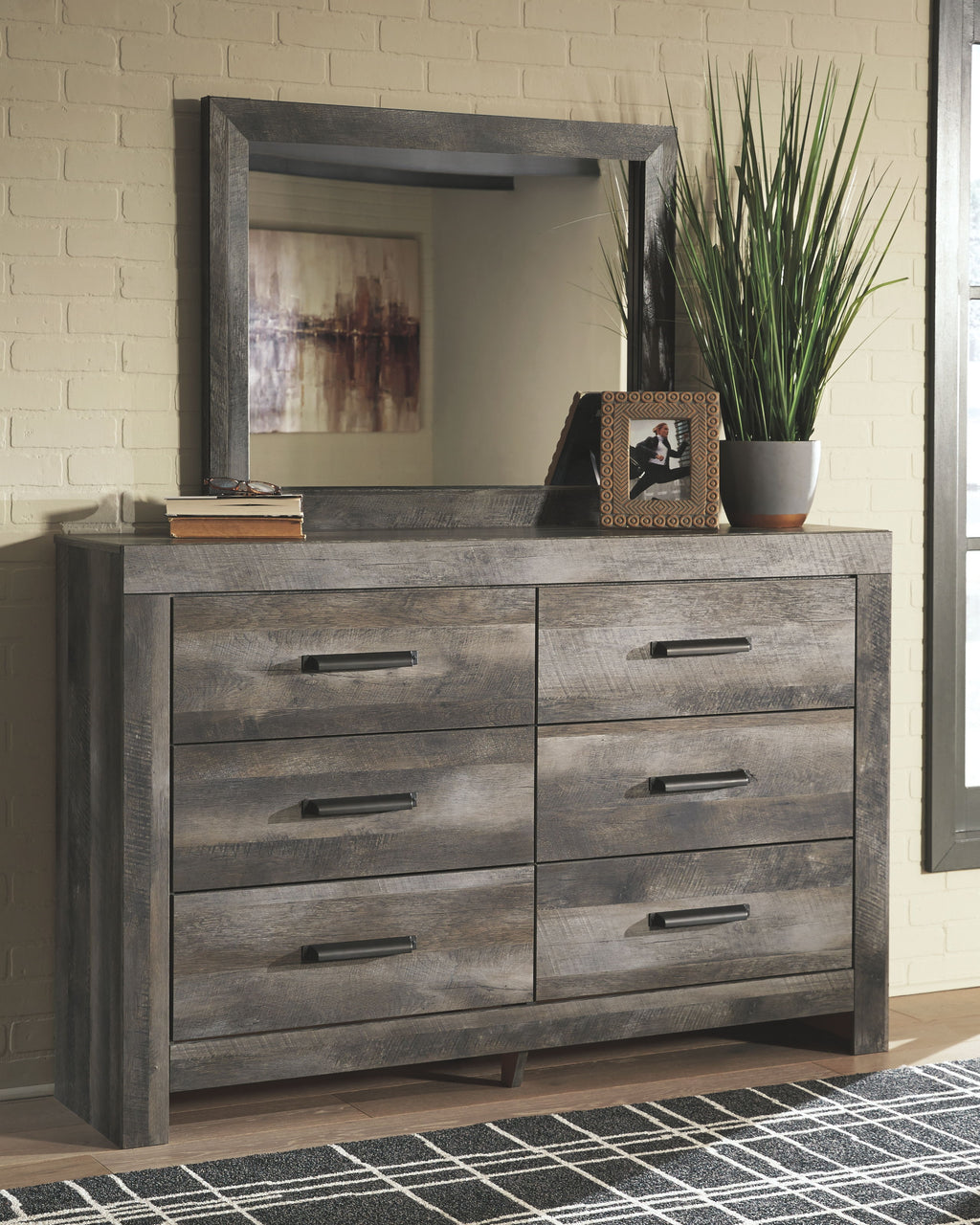 Panel bedroom set gray dresser with six drawers and rectangular wall mirror