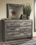 Panel bedroom set gray dresser with six drawers and rectangular wall mirror