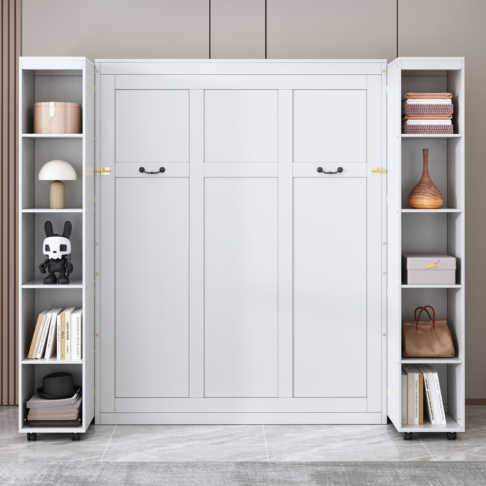 White Queen Murphy Wall Bed with Storage Doors