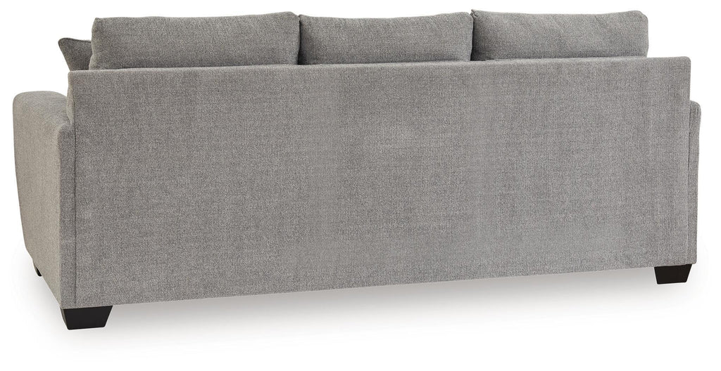Sofa sleeper, heather gray upholstery with three back cushions.