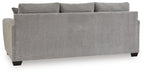 Sofa sleeper, heather gray upholstery with three back cushions.