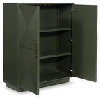 Dark green accent cabinet with open shelves, patterned doors, and brass-tone hardware