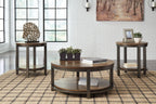 Round occasional table set with light brown wood tops and open two-tier shelves