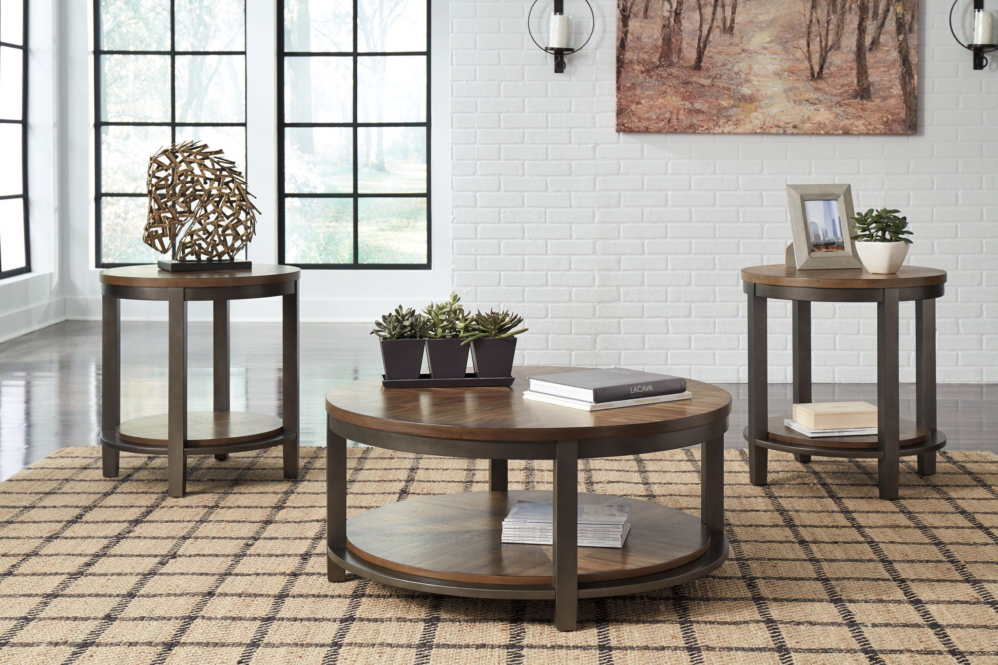 Round occasional table set with light brown wood tops and open two-tier shelves