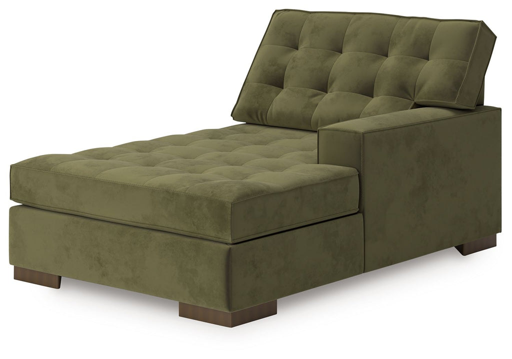 Chalcombe olive RAF corner chaise with deep tufted seat, padded armrests, and squared legs