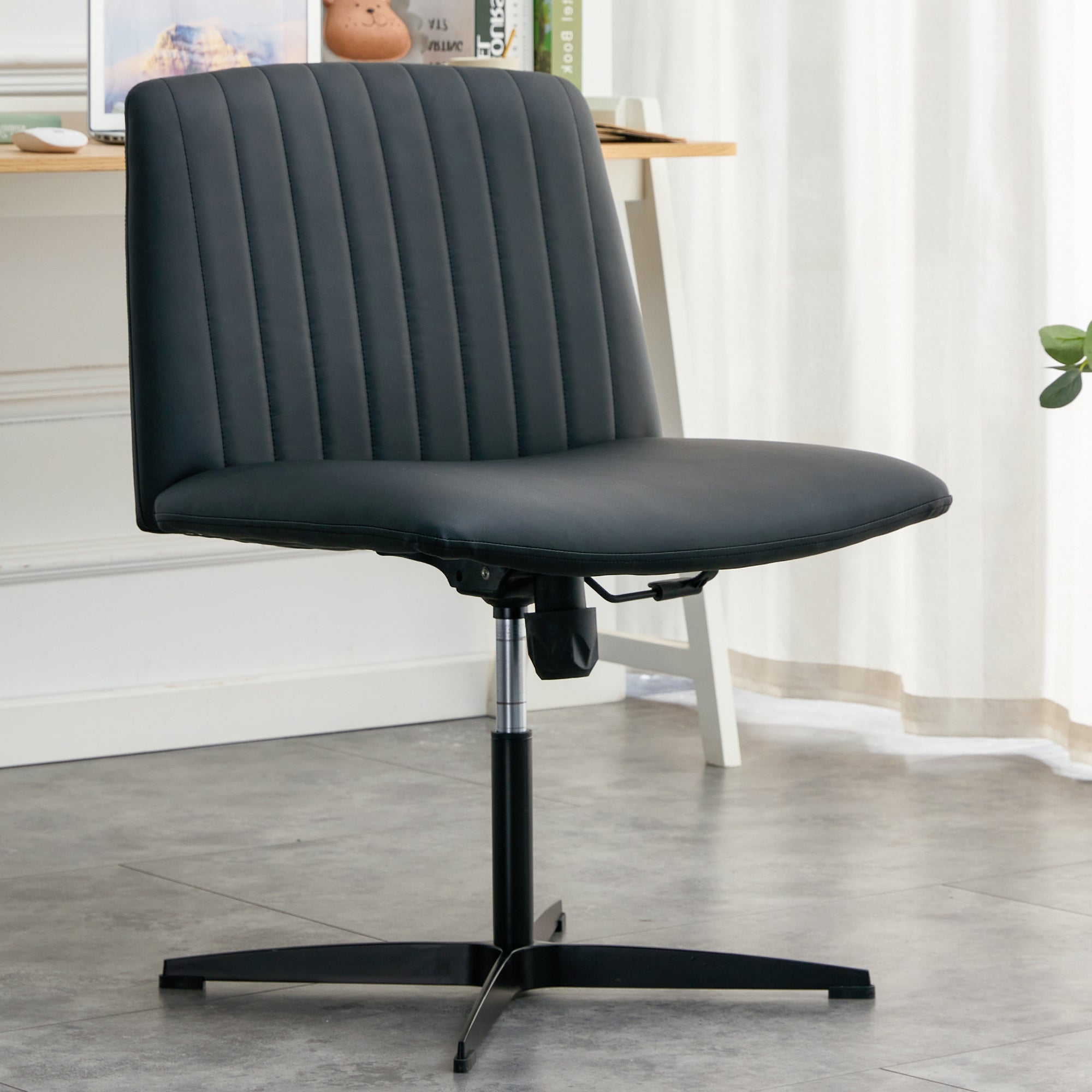 Black PU Leather Home Office Chair, 360° Swivel, No Wheels