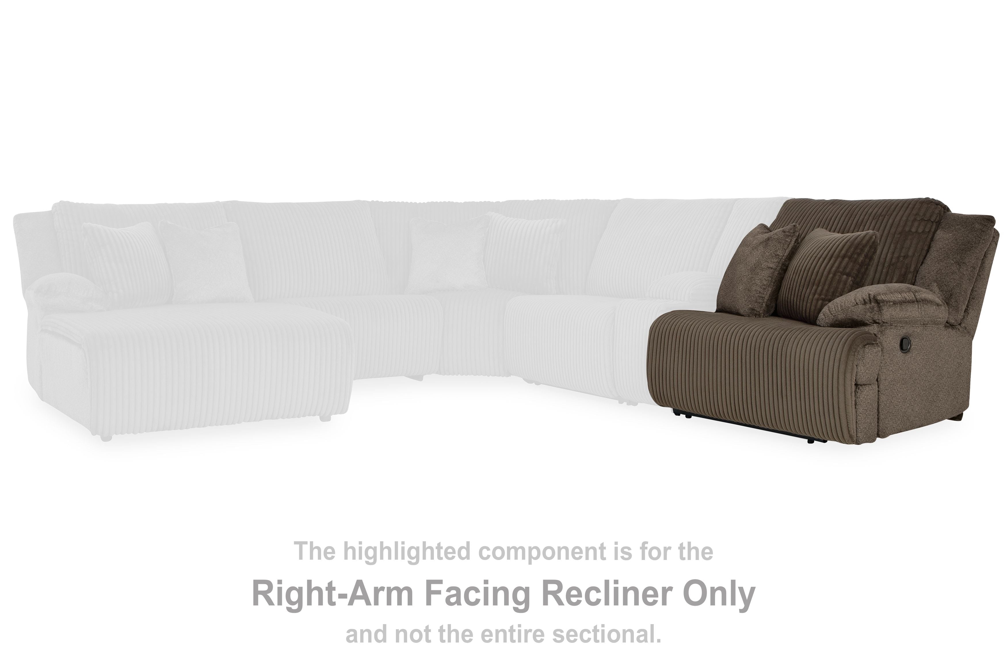 Chocolate-brown right-arm facing recliner in ribbed fabric with curved back cushions