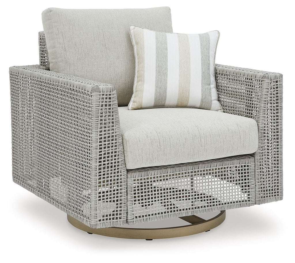 Gray swivel lounge chair with seat cushion, striped throw pillow, and swivel base