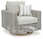 Gray swivel lounge chair with seat cushion, striped throw pillow, and swivel base