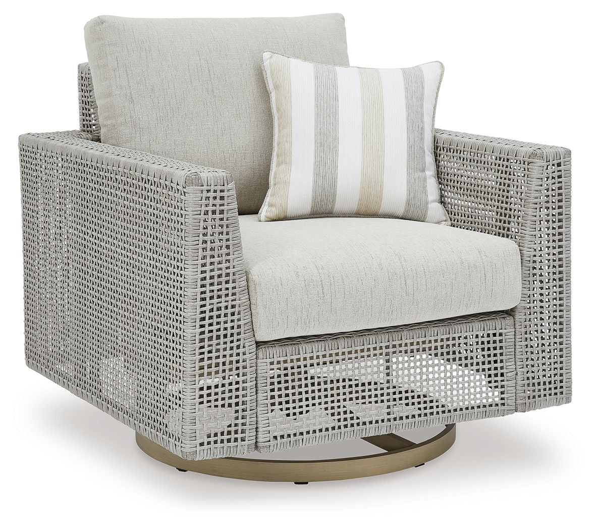 Gray swivel lounge chair with seat cushion, striped throw pillow, and swivel base