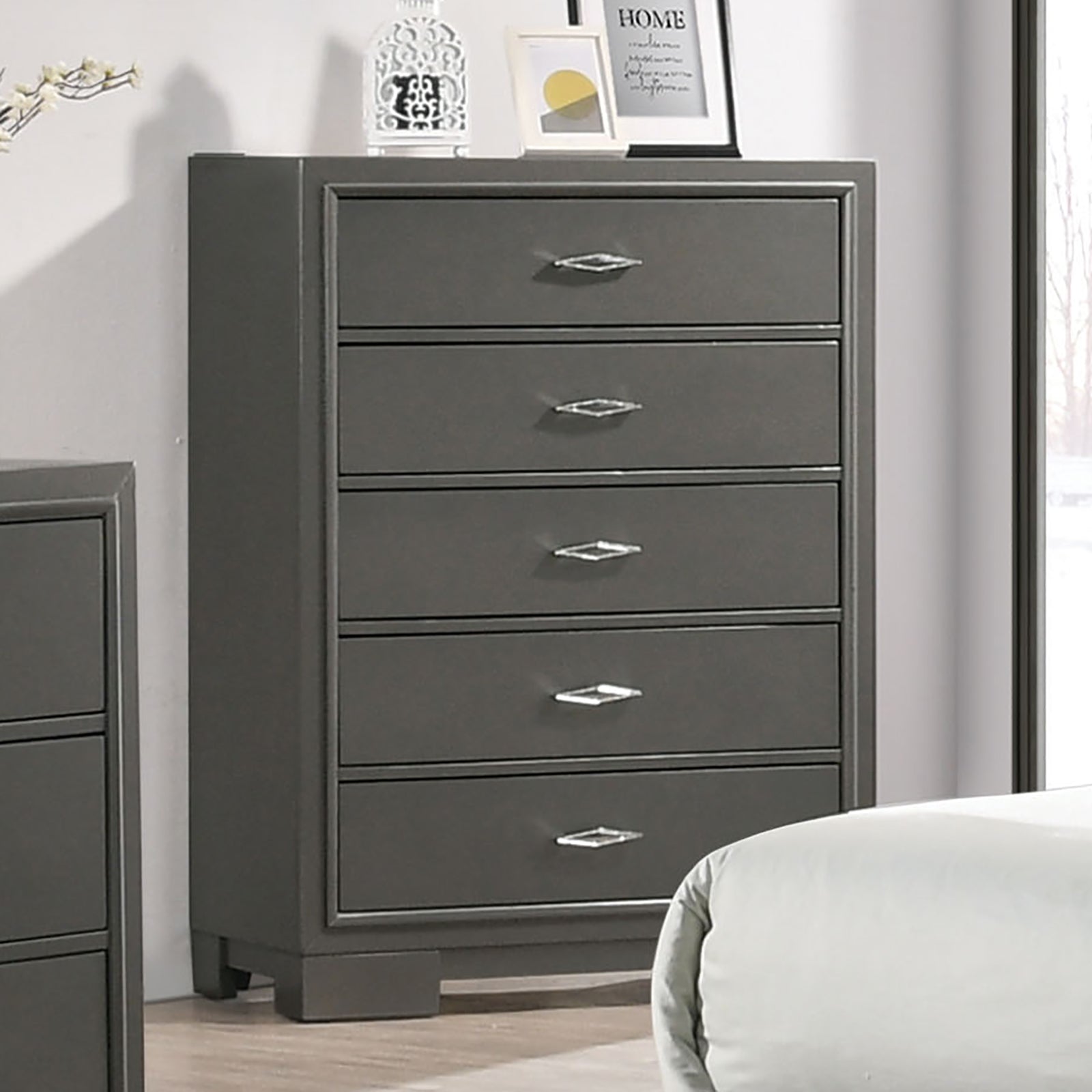 Contemporary 5-Drawer Chest: Metallic Grey & Acrylic Handles