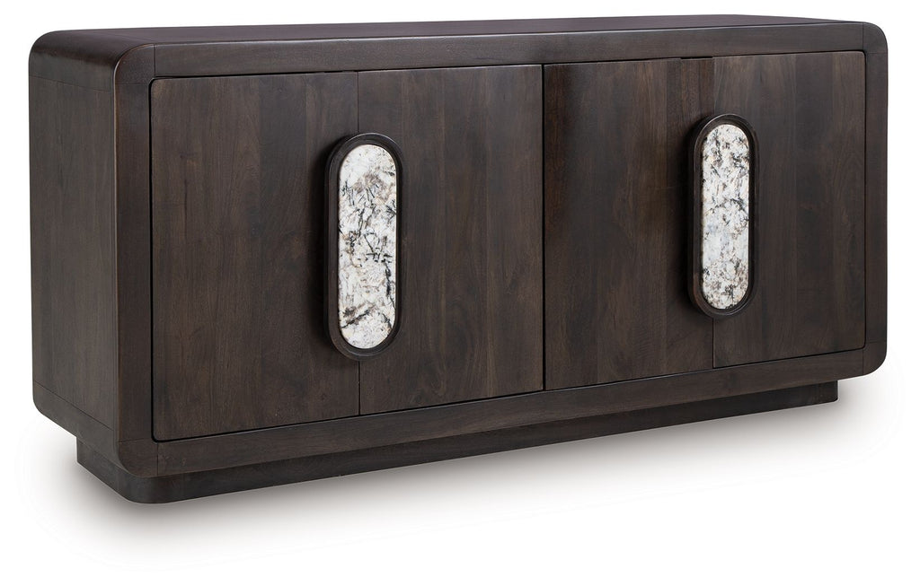 Espresso brown accent cabinet with two oval glass insets and two doors
