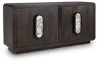 Espresso brown accent cabinet with two oval glass insets and two doors