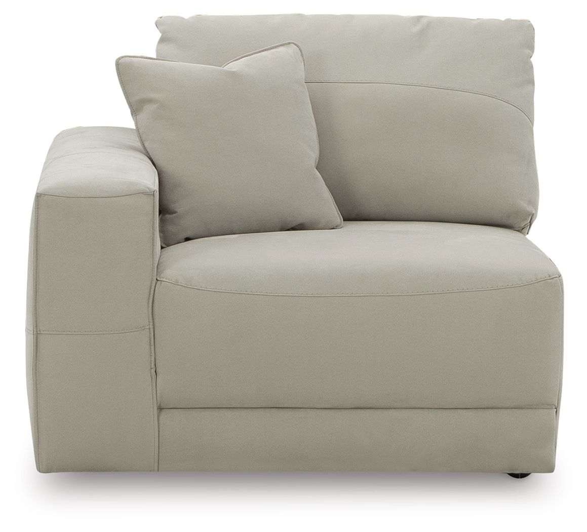 Gray armchair with thick seat cushion, tufted side panel, and two back pillows