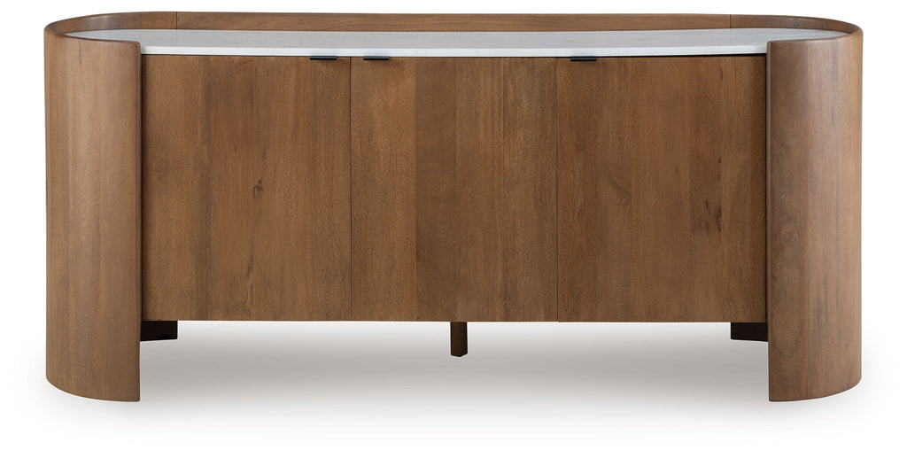 Brown wood accent cabinet with white top, two doors and center support leg