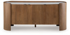 Brown wood accent cabinet with white top, two doors and center support leg