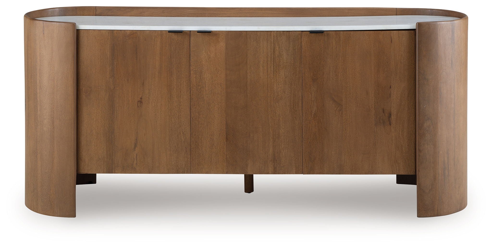Brown wood accent cabinet with white top, two doors and center support leg
