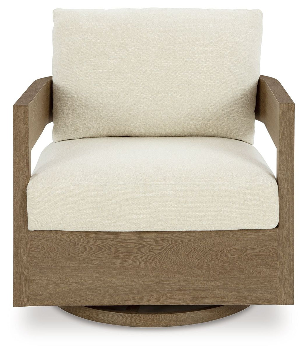 Back view of swivel glider chair with white cushion and dark brown base