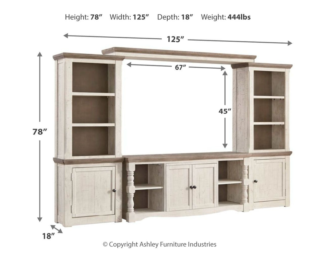 Entertainment center TV stand with side bookcase shelves and central media cabinets, white