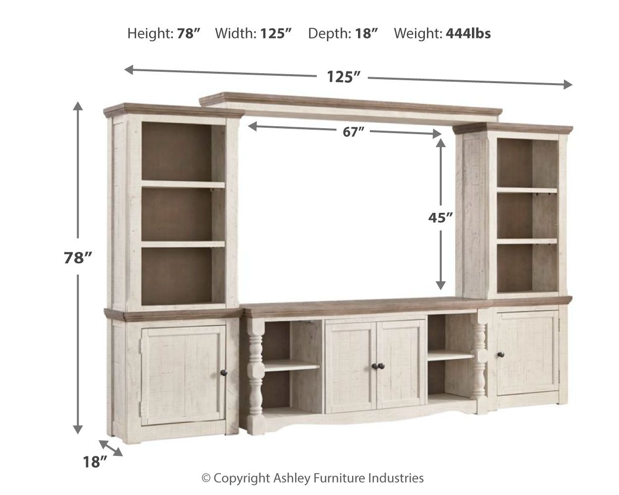Entertainment center TV stand with side bookcase shelves and central media cabinets, white