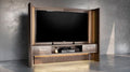 Burnished brown TV wall center console with open media shelf and two drawers