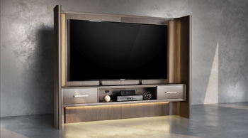 Burnished brown TV wall center console with open media shelf and two drawers