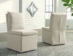 Upholstered dining chairs in oatmeal fabric, square backs with padded seats