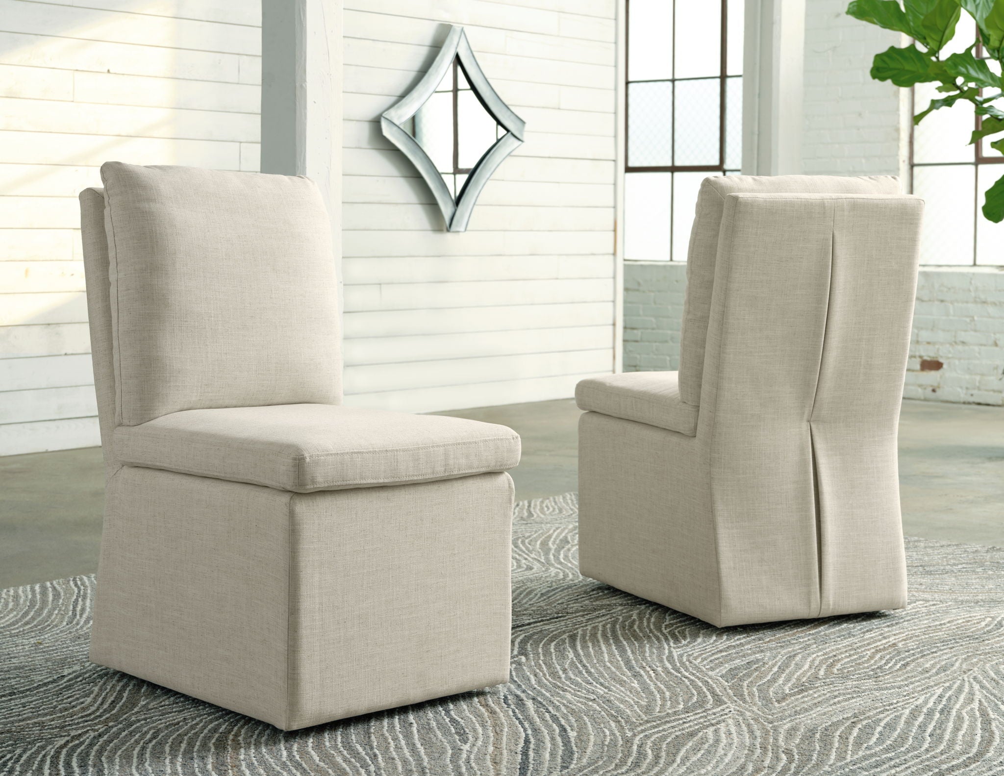 Upholstered dining chairs in oatmeal fabric, square backs with padded seats