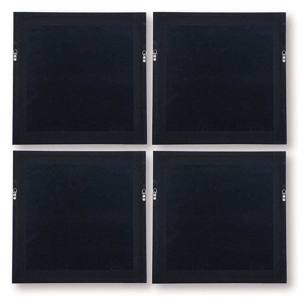 Set of 4 square wall art panels with dark navy surface and gray hanging loops