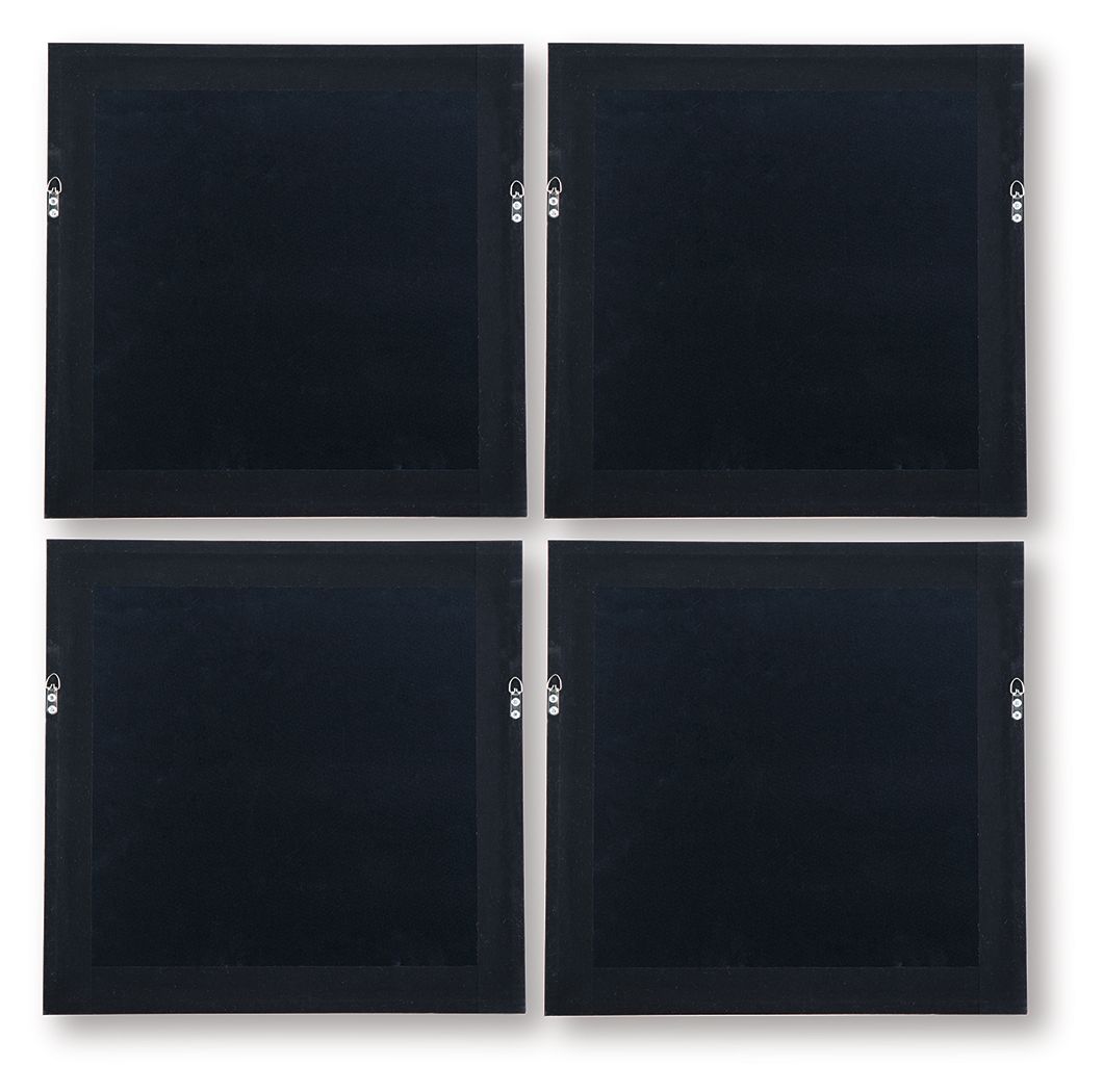 Set of 4 square wall art panels with dark navy surface and gray hanging loops