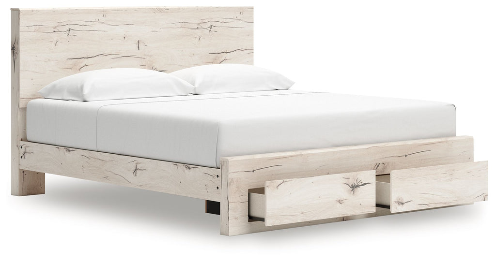 Light beige panel storage bed with drawer footboard and matching side panels