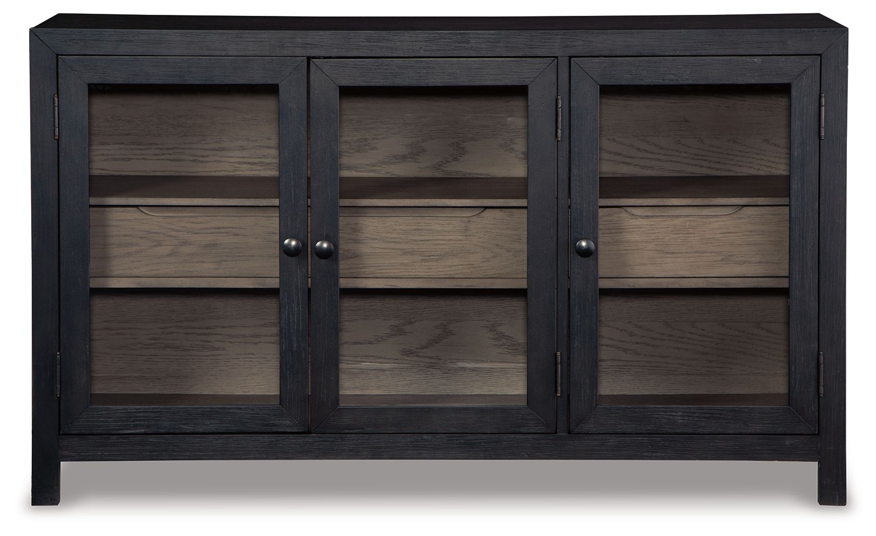Dark gray accent cabinet with three closed doors and interior shelving behind them