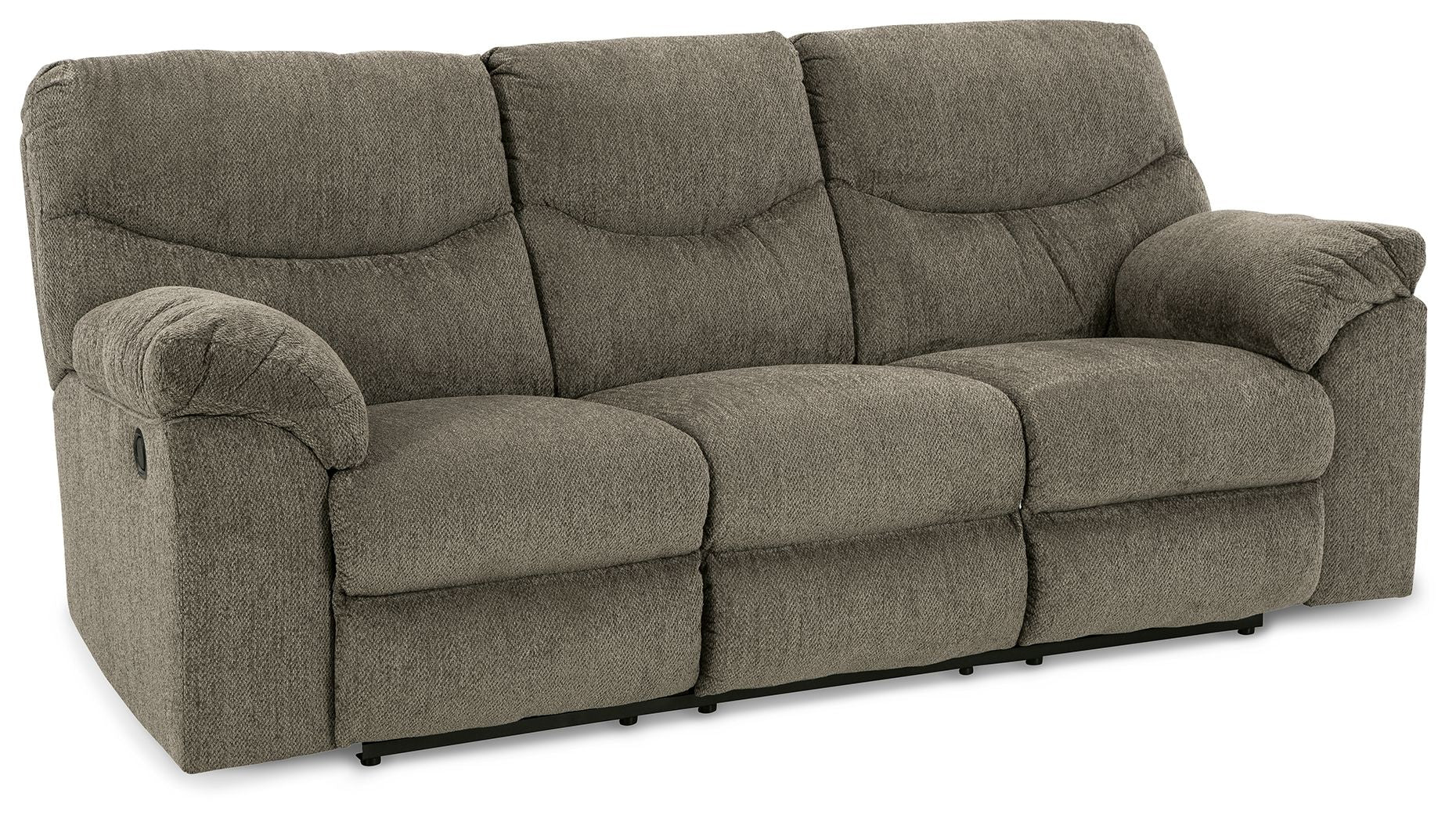 Reclining sofa with dark gray upholstery and thick seat cushions; rolled arms and back.