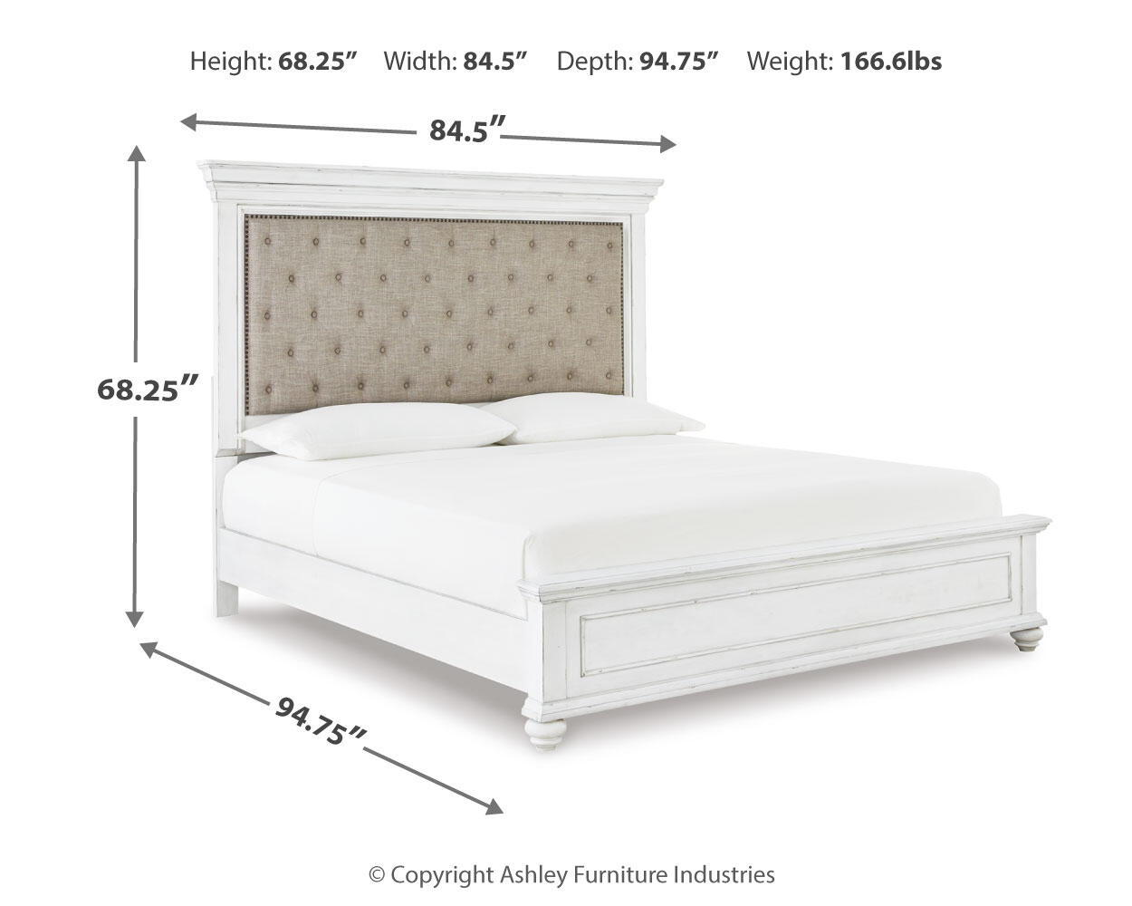 Upholstered panel bed in white with tufted beige headboard and upholstered side rails