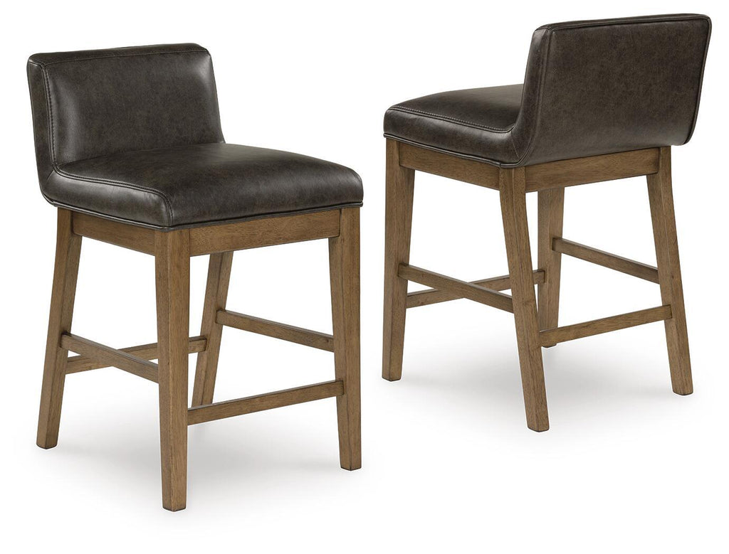 Two upholstered bar stools with dark brown padded seats, curved backs, light wood frames