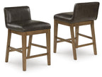 Two upholstered bar stools with dark brown padded seats, curved backs, light wood frames