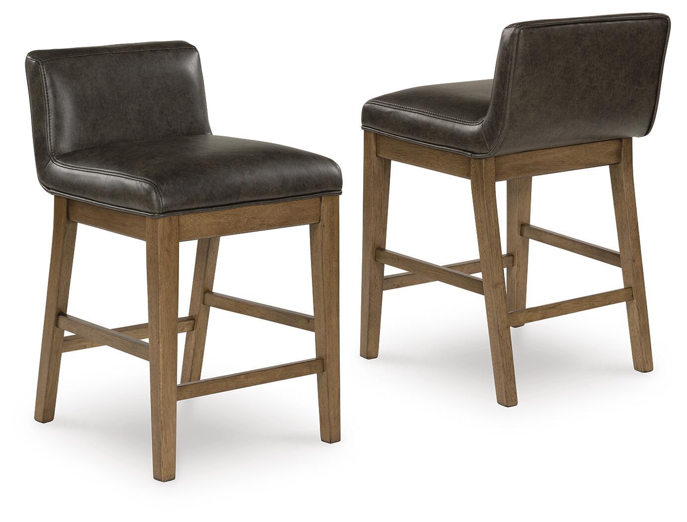 Two upholstered bar stools with dark brown padded seats, curved backs, light wood frames