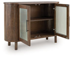 Medium brown accent cabinet open with two shelves and ribbed glass doors