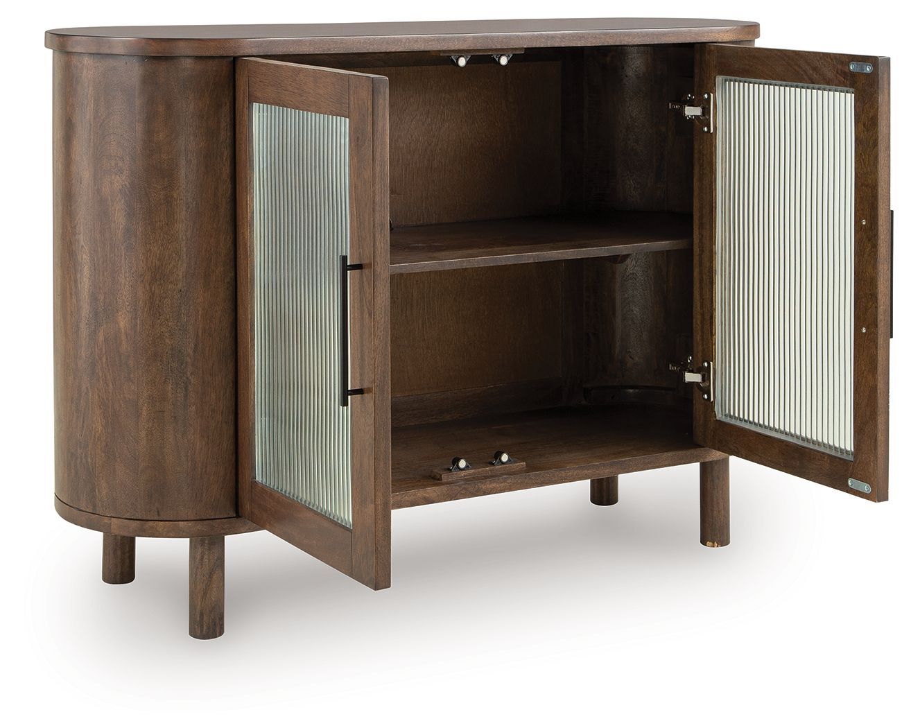 Medium brown accent cabinet open with two shelves and ribbed glass doors