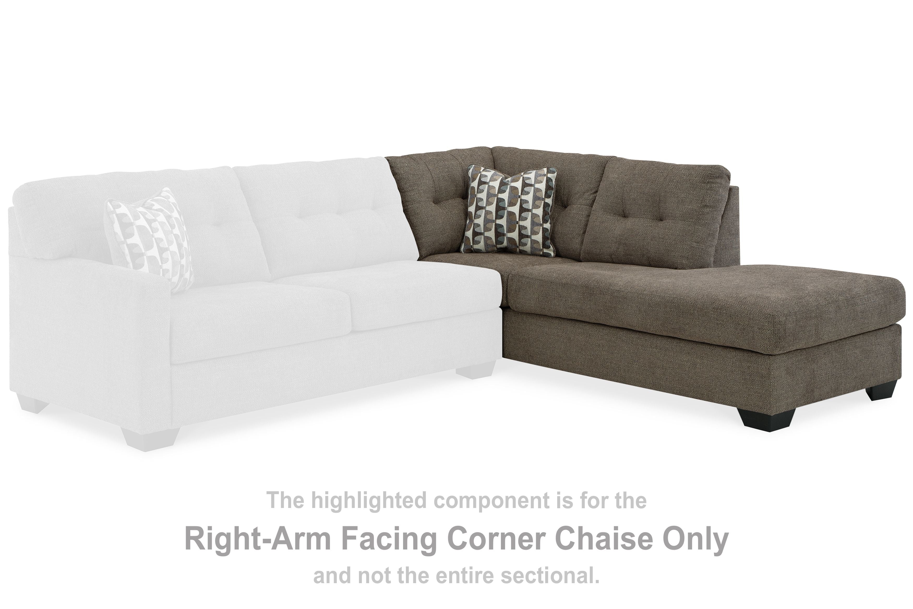 Right-arm facing corner chaise in chocolate-brown fabric with tufted back and patterned pillow