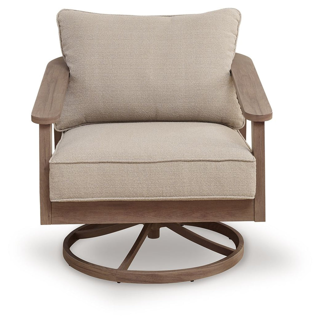 Natural-beige swivel lounge chair with tall back cushion and wide armrests