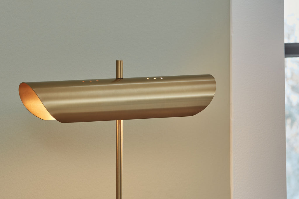 Rowleigh marble desk lamp gold shade underside with vertical gold stem