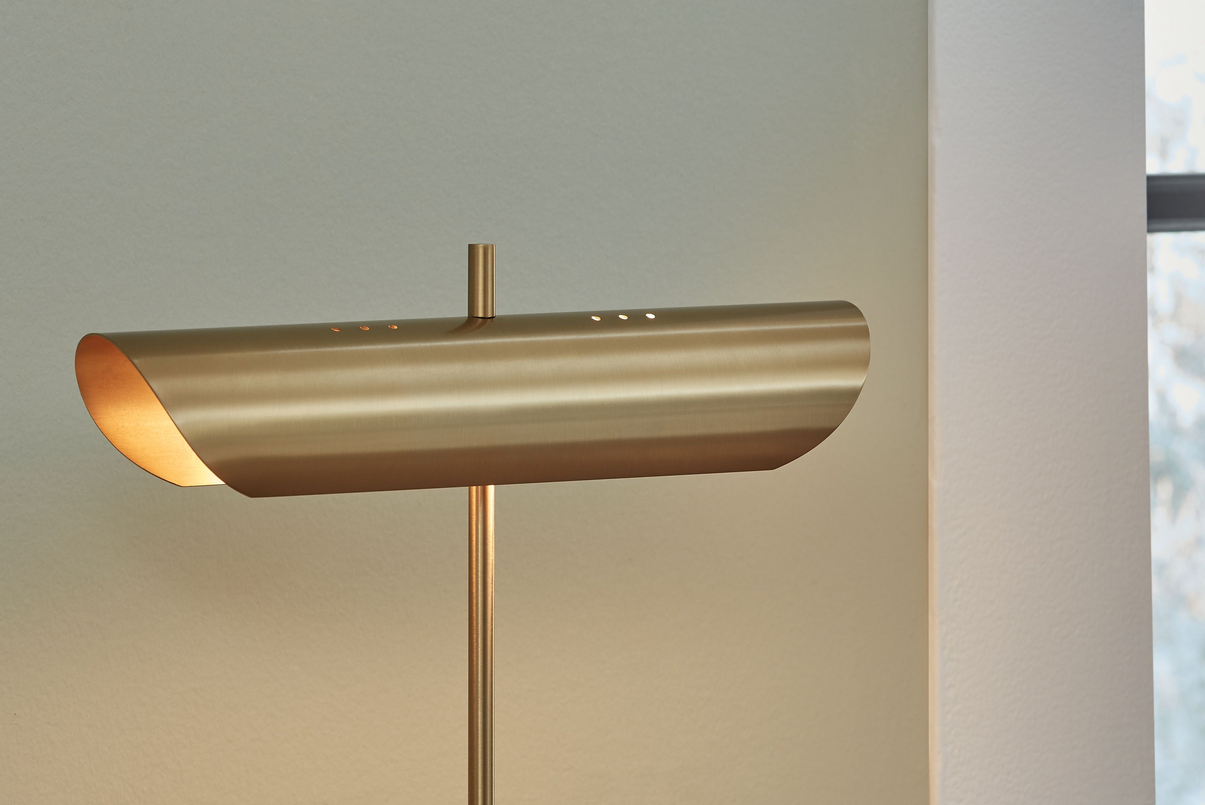 Rowleigh marble desk lamp gold shade underside with vertical gold stem