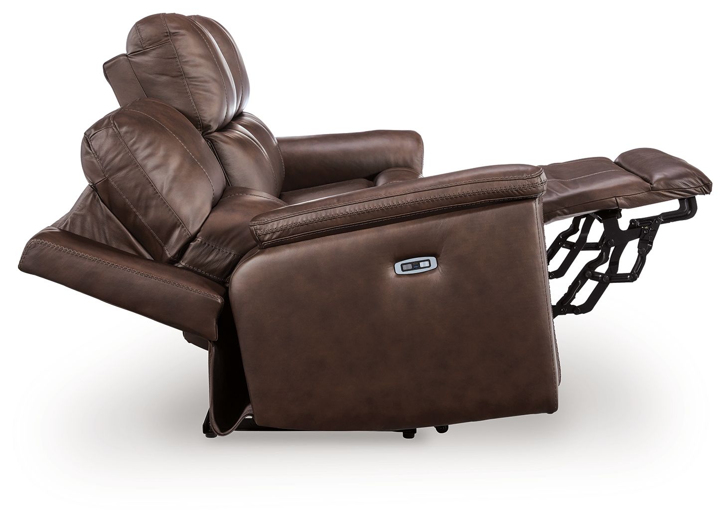 Dark brown power reclining sofa with extended footrest and adjustable headrest