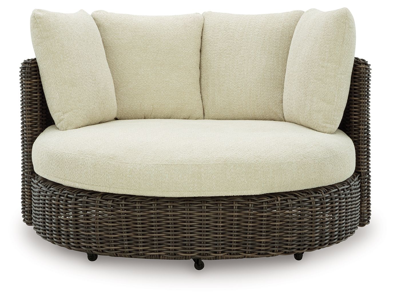 Swivel lounge chair with cushion, beige upholstery and dark brown woven rattan base