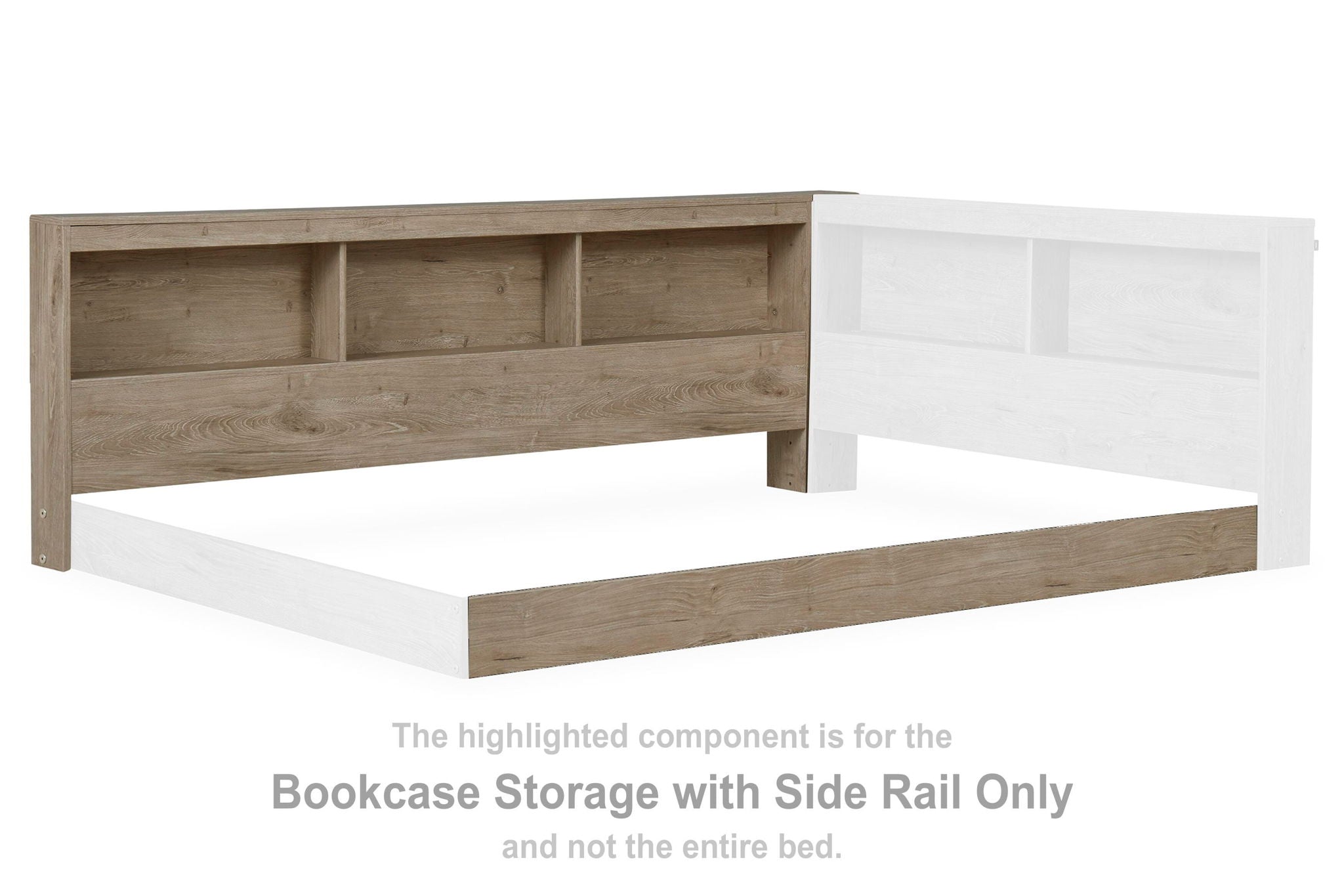 Natural wood storage unit with side rail and open bookcase compartments