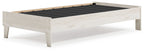 Light wood platform bed frame with black slat support, side rails and corner legs