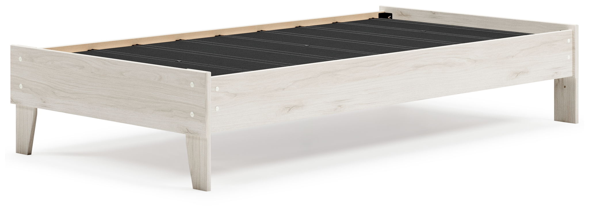 Light wood platform bed frame with black slat support, side rails and corner legs