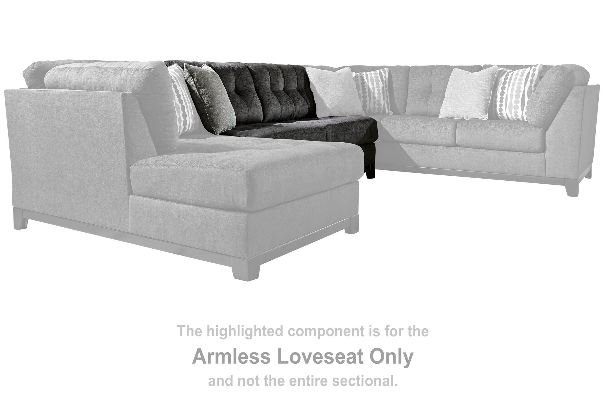 Reidshire armless loveseat, steel-gray fabric with boxy arms and seat cushion