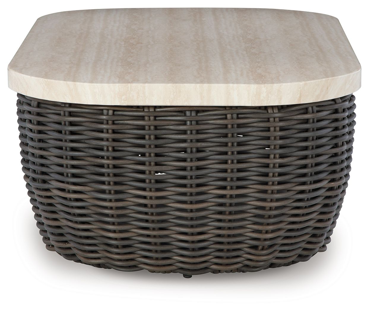 Beige tabletop on dark brown wicker cocktail table with rounded corners